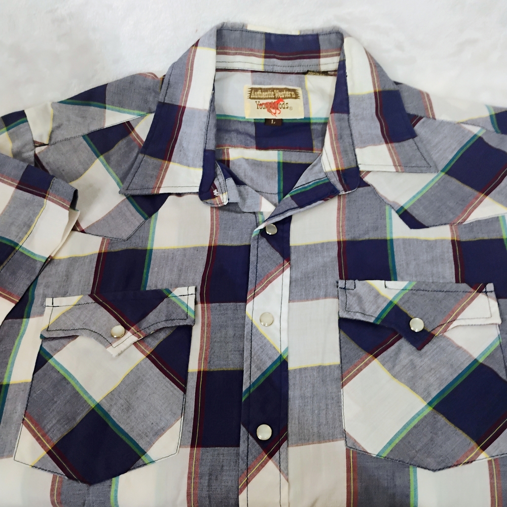Youngbloods‎ Mens Large Blue Plaid Pearl Snap Short Sleeve Western Shirt Vtg N